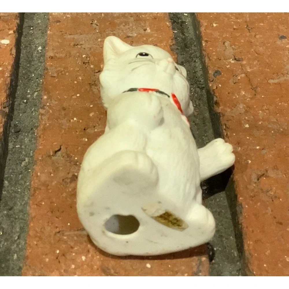 Vintage Glass‎ White Cat Kitten Red Bow Holly Christmas Ornament 3